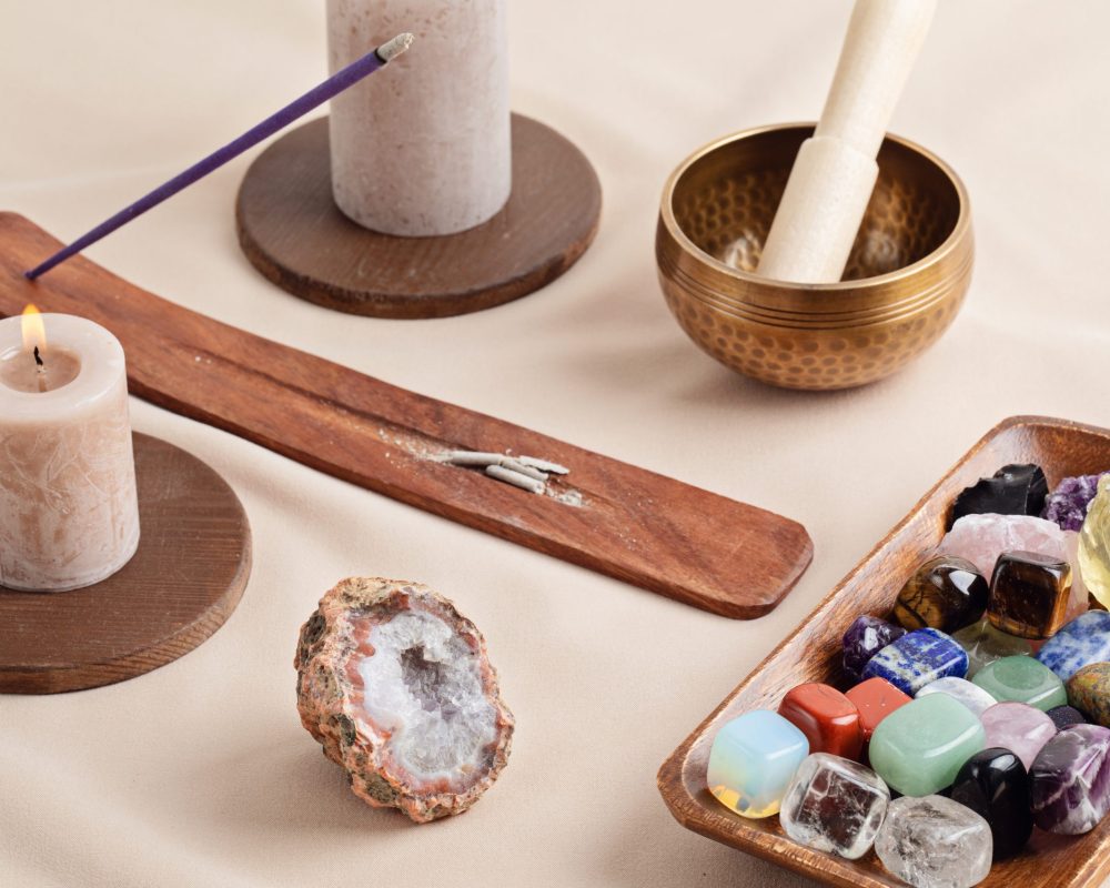 Healing reiki chakra crystals therapy. Alternative rituals with gemstones for wellbeing, meditation, destress, relaxation, mental health, spiritual practices. Energetical power concept