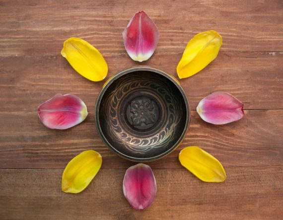 singing bowl and  Tulip petals,top view